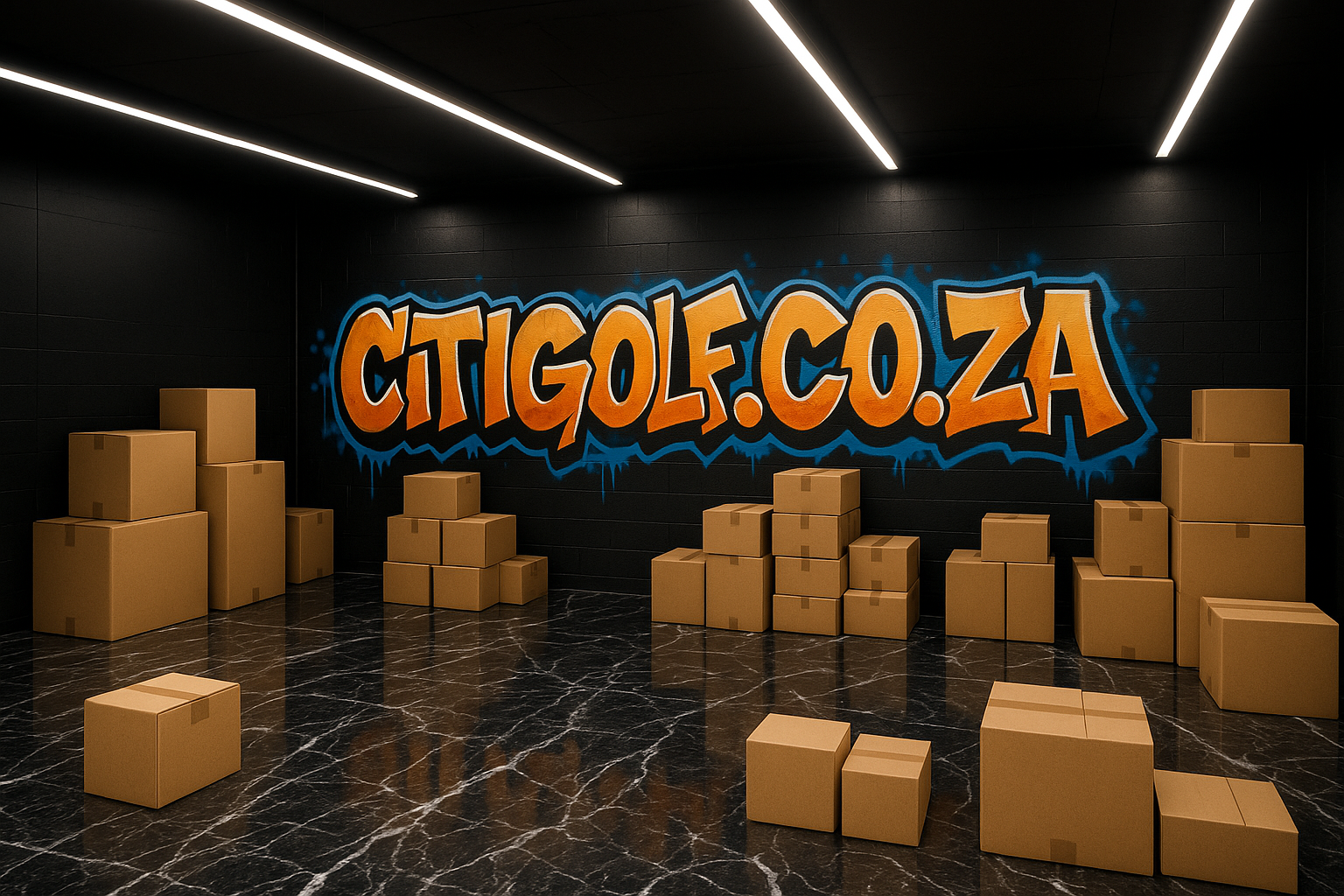 a warehouse with black walls, white strip roof lighting, good lighting, marble black and white floor, different size boxes in all lengths and sizes, packaging for merchandise, spray painted big on the wall graffiti style CITIGOLF.CO.ZA