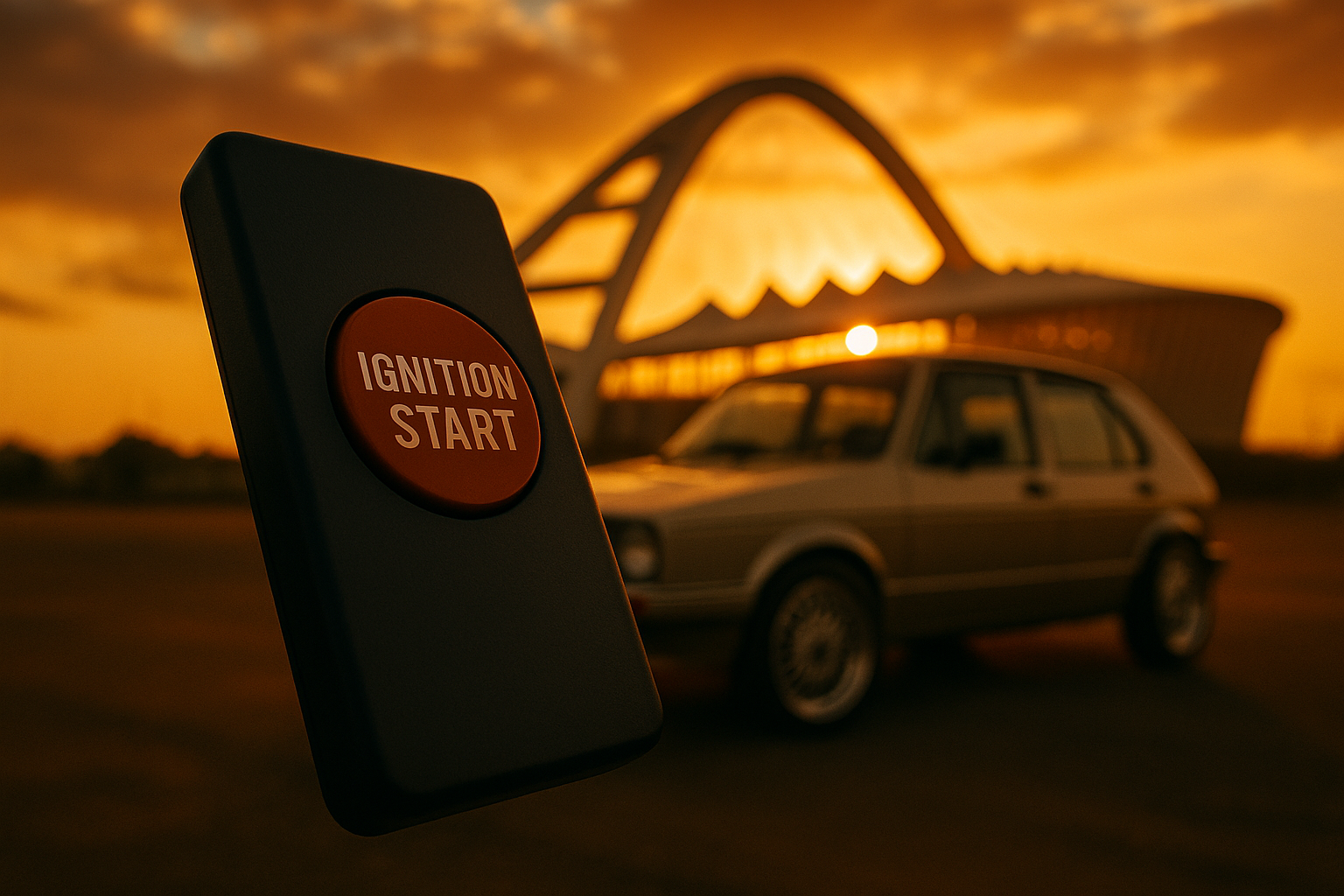 Setting is sunrise with Moses mabhida, main focal point is a remote with one button saying IGNITION START, background blurred is a champagne coloured vw citi golf mk1 with chrome BBS wheels 